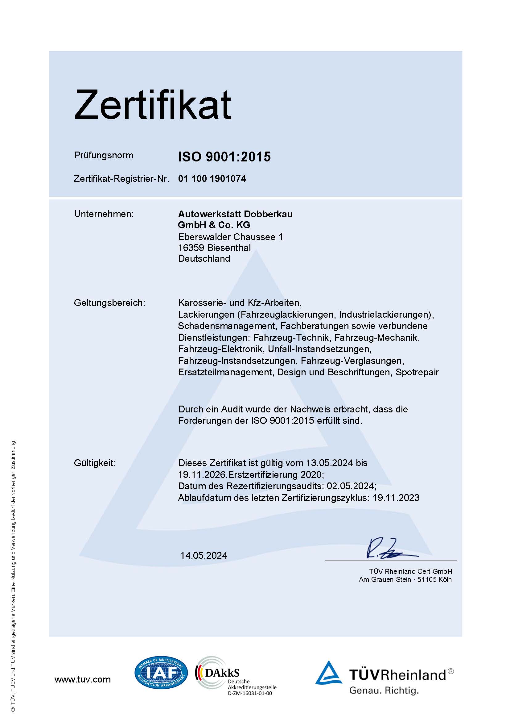 ISO Zertifikat bis 19.11.2026